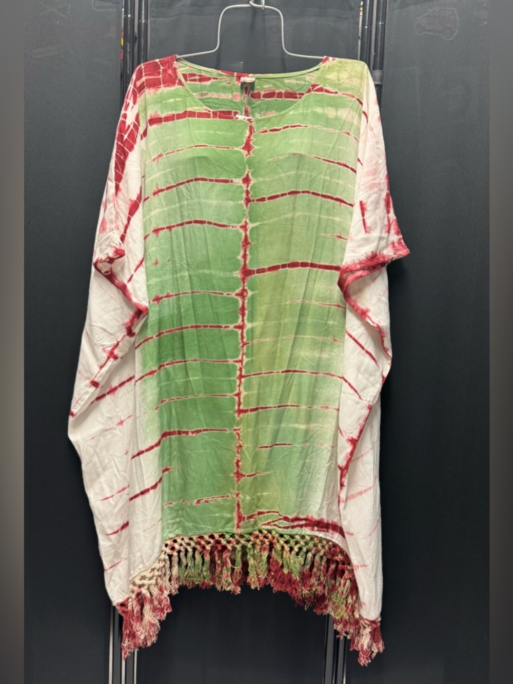 Boho Tie-Dye Fringe Tunic Top Green White Red Free Size Flowing Relaxed Fit
